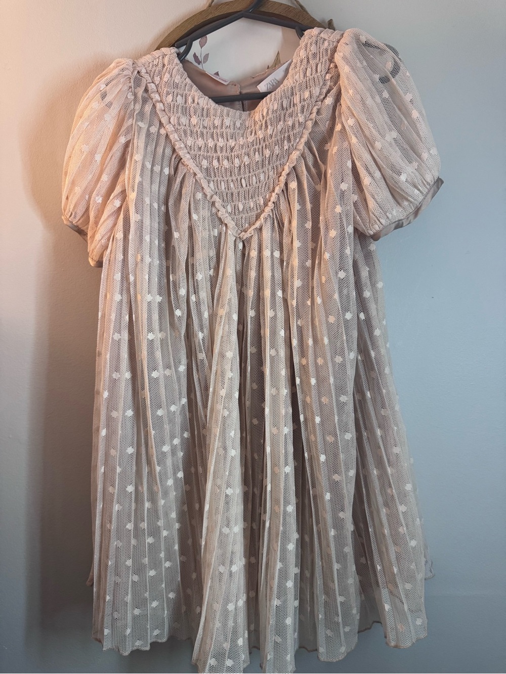 Zara Sheer Dot Puff Sleeve Dress in Soft Beige